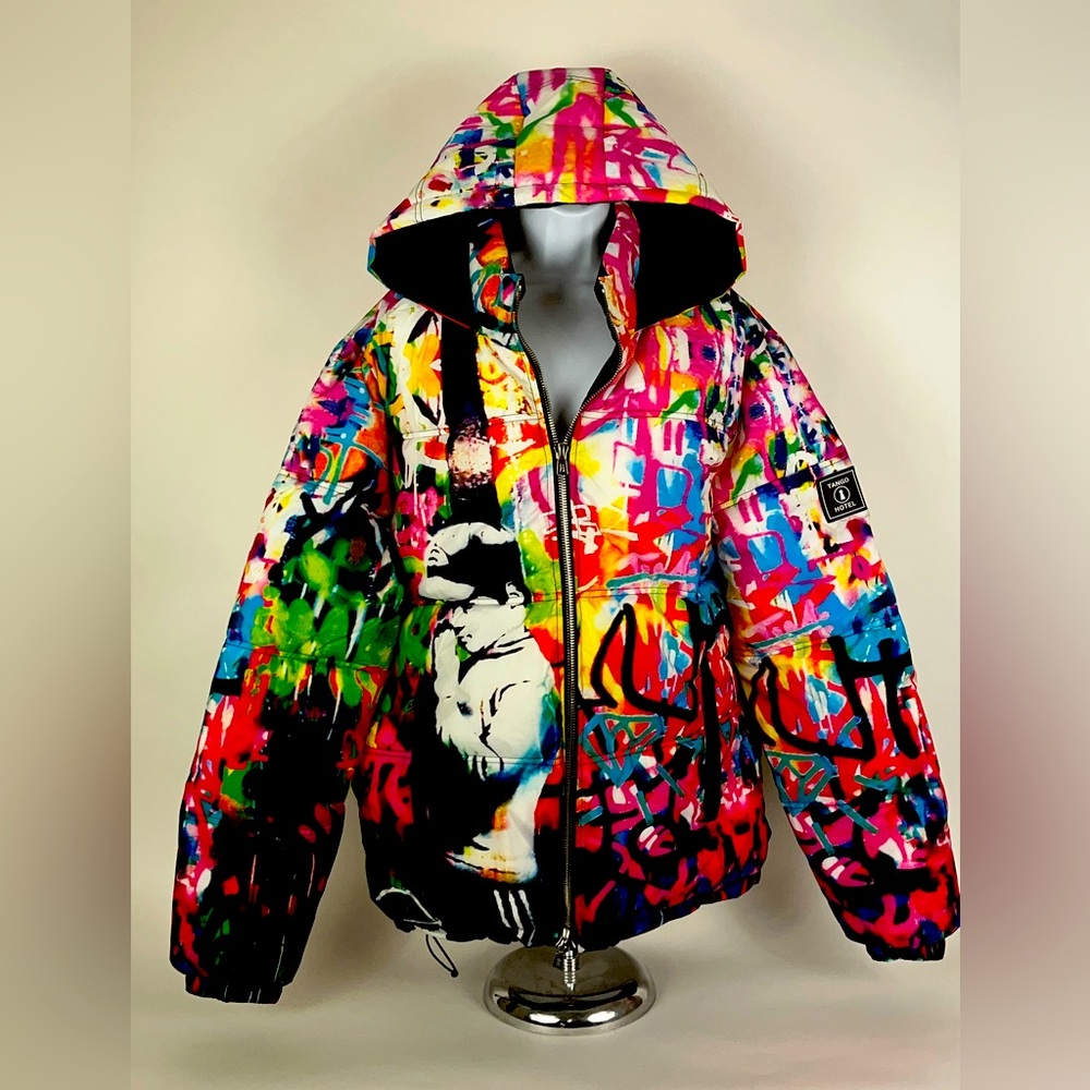 Graffiti Puffer Jacket image “Boy Praying” artwork by Banksy